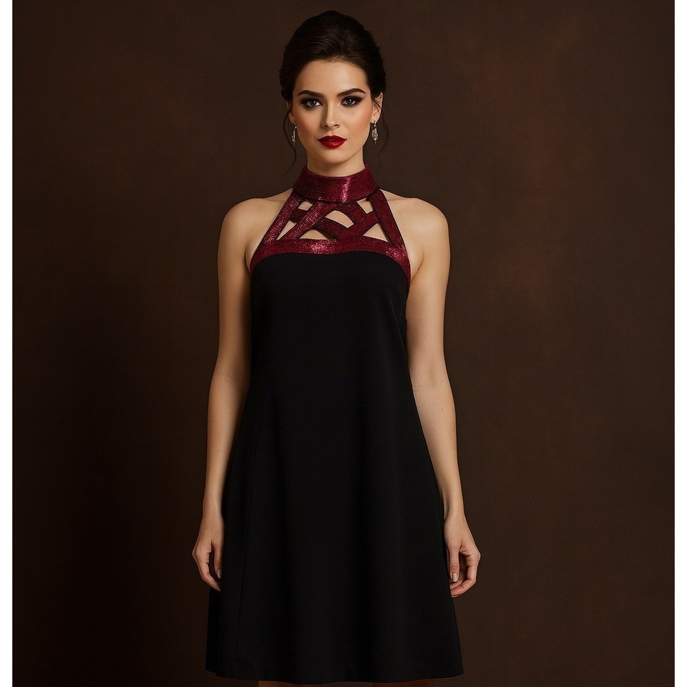 Elegant Black Cocktail Dress‎ Metallic Burgundy Cage Halter Backless SZ Large